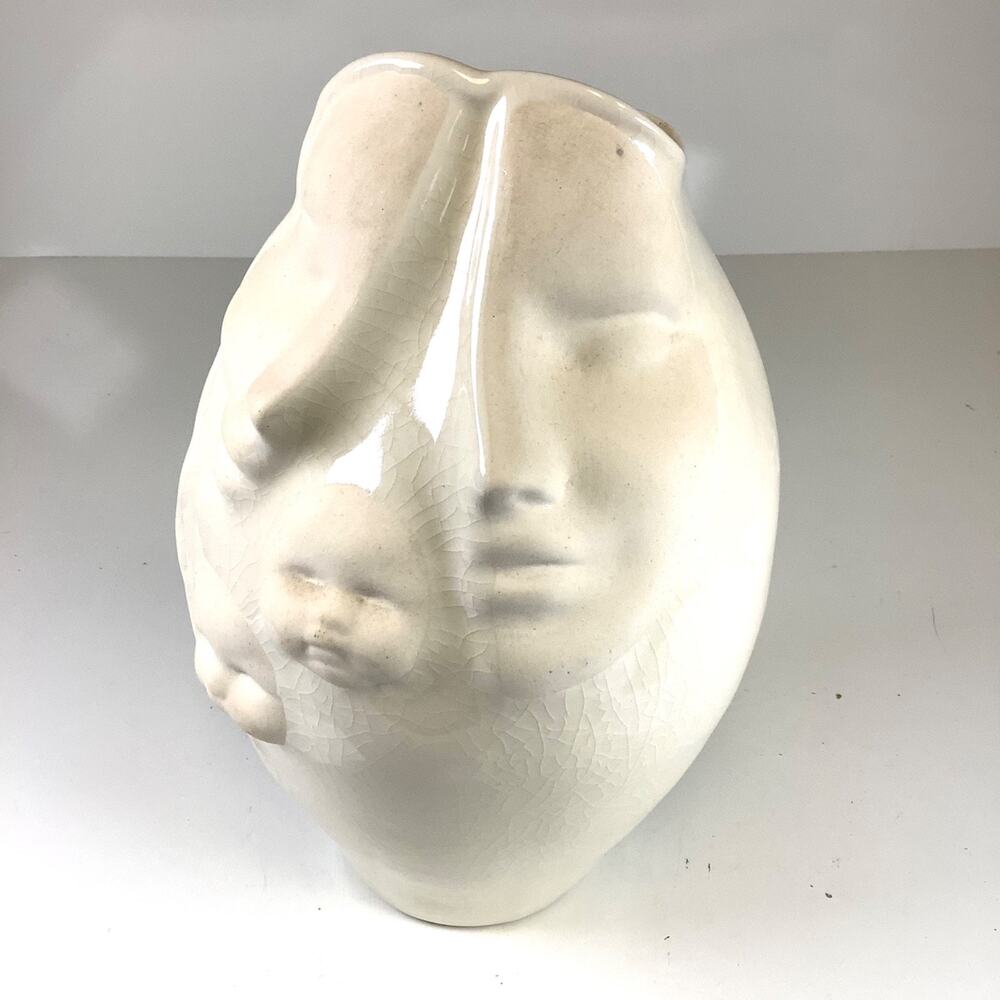 Vtg Artist Signed Sara Lund Pottery Couple & Children Faces Vase 2000